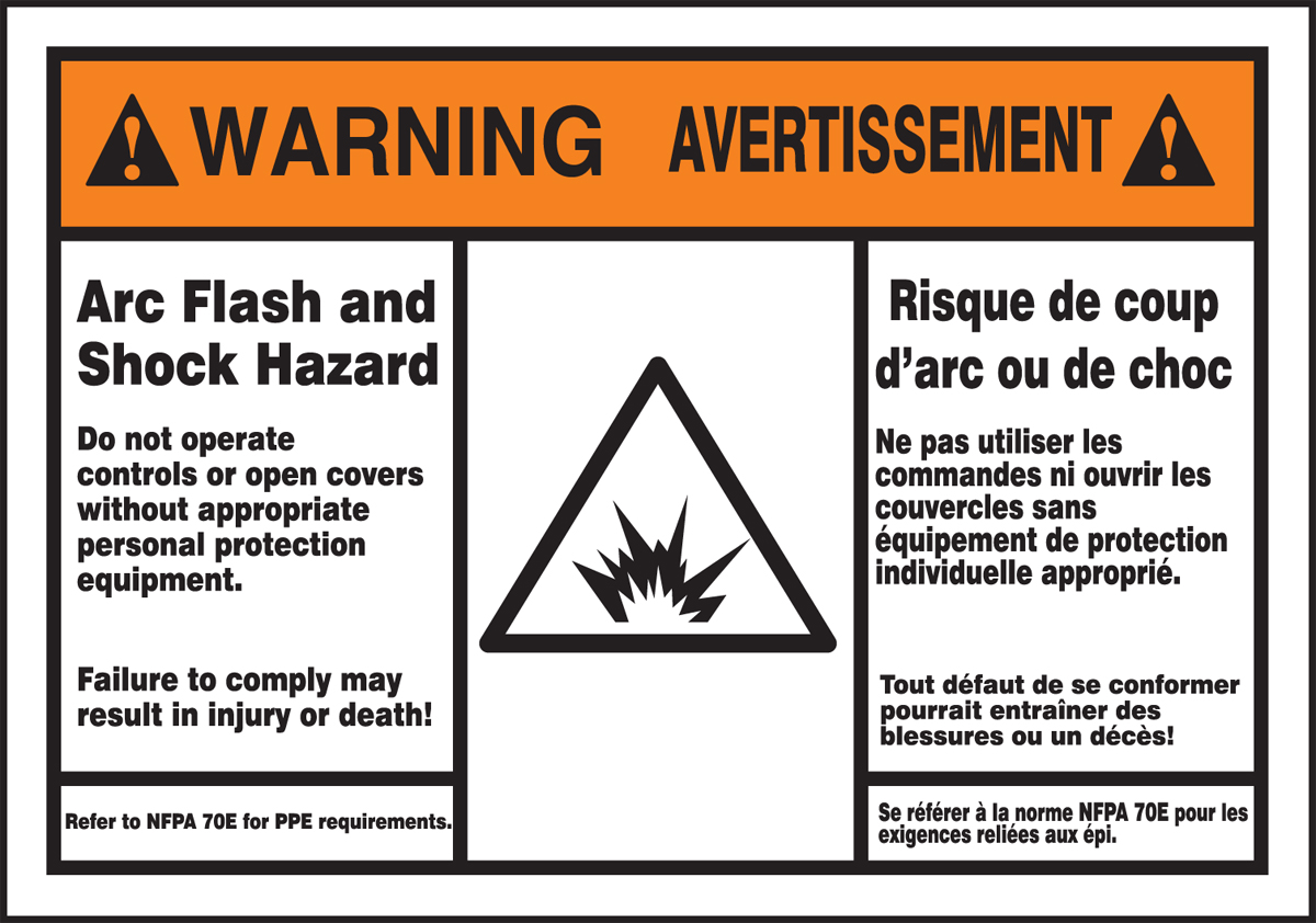 "ARC Flash and Shock Warning" Bilingual (English/French )ANSI Warning ARC Flash Protection Sign
