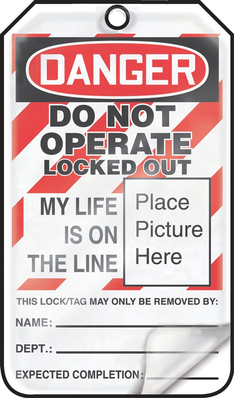 "Danger Do Not Operate Locked Out" Self Laminating OSHA Safety Tag with Photo Area